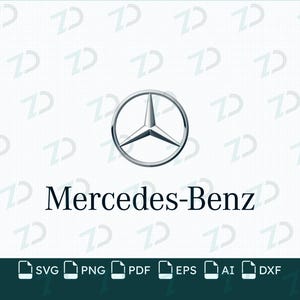 May include: The silver Mercedes-Benz three-pointed star logo enclosed in a circle, positioned above the text Mercedes-Benz in a serif font. Below, a dark horizontal bar displays the file formats SVG, PNG, PDF, EPS, AI, and DXF.
