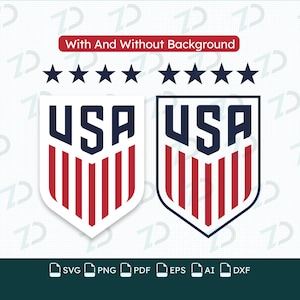 May include: Two shield-shaped USA logos featuring dark blue text and red vertical stripes. Above the shields are seven dark blue stars. The text "With And Without Background" appears in a red box, and file formats are listed at the bottom.