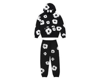 Denim Tears katoenen trainingspak met kransmotief, zwart/grijs, premium streetwear hoodie en joggingbroek set, unisex trainingspak, bijpassende outfit