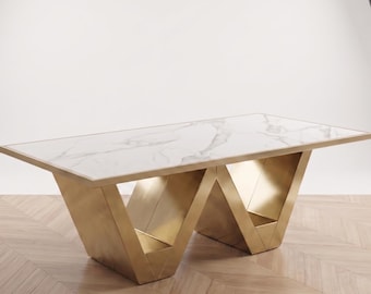 White Porcelain Dining Table, Brass Rim, Marble Style, Modern Wave Base Furniture