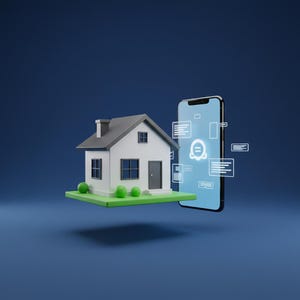 May include: A 3D rendered white house with a gray roof sits on a green square base next to a smartphone. The phone screen displays a light blue interface with a central location icon and several floating rectangular text boxes in white.