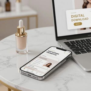 May include: A smartphone displaying an Instagram prompts interface, a laptop showing a digital download product page, and a glass dropper bottle with a gold cap. The screen text reads Instagram Prompts and Digital Download.