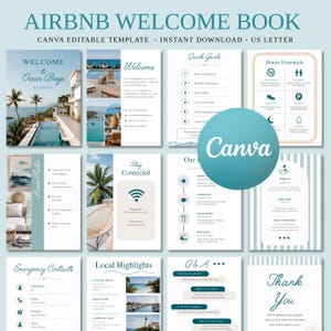 Mall för Airbnb-välkomstbok, redigerbar utskrivbar guidebok för strandhus, Canva-gästguide, VRBO-värdbok för semesterbostäder, tropisk kust