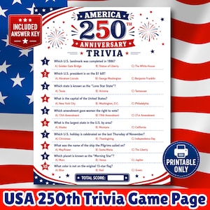America 250th Anniversary Trivia Game, America 250th Patriotic Trivia Questions, Printable 4th of July Games, Senior Games, History