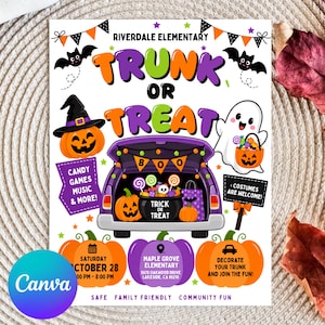 May include: A white flyer for a Riverdale Elementary Trunk or Treat event on October 28. The design features orange and purple text, a purple car trunk filled with sweets, a jack-o'-lantern, a ghost, bats, and event details on orange and purple pumpkins.
