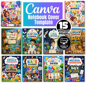 May include: A collection of 15 colorful notebook cover templates featuring diverse cartoon characters and school-themed illustrations. Each design includes customizable text fields for names and subjects, with vibrant graphics like science equipment, globes, and art supplies.
