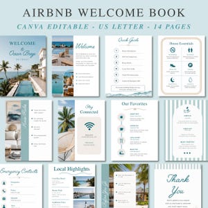 Op de afbeelding: Een 14-pagina tellend, in Canva bewerkbaar Airbnb welkomstboek in US Letter-formaat. De pagina's hebben een kustthema met blauwe en witte kleurenschema's, inclusief secties voor huisregels, lokale hoogtepunten, noodcontacten en gastinformatie.