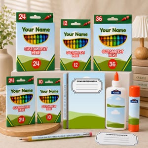 May include: A collection of school supplies including five boxes of crayons in various counts, a composition book, a bottle of white glue, a glue stick, a pencil, and a label. The packaging features green hills, blue skies, and text.