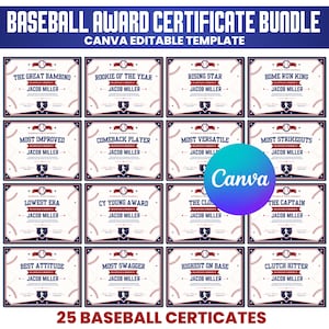 Op de afbeelding: Een digitale bundel met honkbal-oorkondes op een witte achtergrond met rode en blauwe randen. Elk certificaat bevat een honkbalafbeelding, een honkplaat-icoon en tekstvelden voor namen en titels zoals Rookie of the Year.
