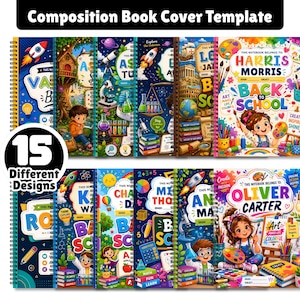 May include: A collection of 15 spiral-bound composition book covers featuring colorful illustrations of space, science, history, and art themes. Each cover includes text fields for a name, grade, and subject, with vibrant graphics and educational motifs.