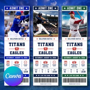 Può includere: Tre biglietti verticali per una partita di baseball tra Titans ed Eagles il 16 agosto 2026. Ogni biglietto mostra un giocatore di baseball diverso, il testo ADMIT ONE, RIVERSIDE FIELD e un prezzo di 25,00 $, con un codice a barre.