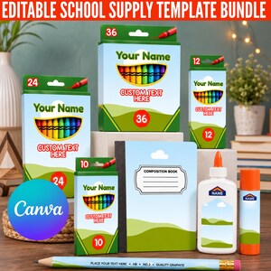 Peut inclure: Un ensemble de modèles de fournitures scolaires modifiables comprenant des boîtes de crayons de 10, 12, 24 et 36 unités, un cahier, une colle, un bâton de colle et un crayon. Chaque article affiche le texte Your Name et Custom Text Here.