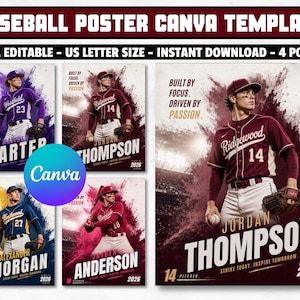 May include: A set of four baseball poster templates featuring athletes in uniforms with text overlays including BUILT BY FOCUS. DRIVEN BY PASSION. STRIKE TODAY. INSPIRE TOMORROW. CLASS OF 2026. The designs use purple, maroon, yellow, and red color schemes.