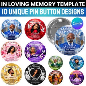 Puede incluir: Una plantilla digital con diez diseños únicos de chapas redondas para homenajes conmemorativos. Cada diseño incluye el texto In Loving Memory, un retrato, fechas y elementos decorativos como palomas, flores y puertas.