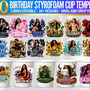 Puede incluir: Un conjunto de plantillas digitales para vasos de poliestireno de cumpleaños con 20 diseños de diversos temas, incluyendo personas con ropa festiva, globos y textos como Notorious & Fabulous, Queen of the Night y Birthday Legend.
