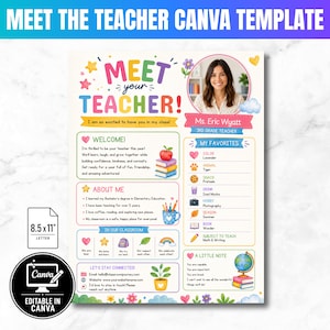 Può includere: Un modello Canva Meet the Teacher su un documento in formato lettera da 8,5x11 pollici. Il layout colorato presenta sezioni per una foto, il nome dell'insegnante, i preferiti e le informazioni sulla classe, decorato con icone come stelle.