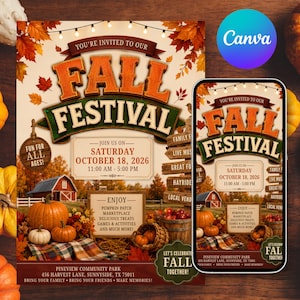May include: A Fall Festival event flyer and mobile phone display featuring orange text reading FALL FESTIVAL, a red barn, pumpkins, autumn leaves, string lights, and event details for Saturday, October 18, 2026, at Pineview Community Park.