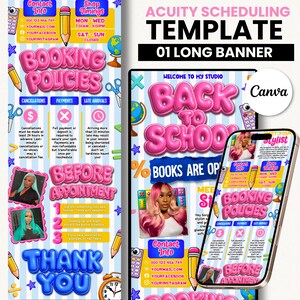 Könnte beinhalten: Eine digitale Acuity Scheduling Vorlage für ein langes Banner mit hellblau gestreiftem Hintergrund und rosa 3D-Blasentext mit der Aufschrift Booking Policies und Back to School. Enthält Symbole für Bleistifte, Globen, Taschenrechner und Scheren.