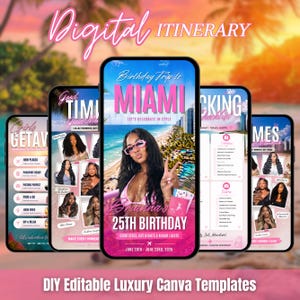 May include: A digital itinerary template displayed on five smartphones, featuring pink and blue tropical themes. The central screen shows a birthday trip to Miami with text reading Brianna's 25th Birthday, June 20th-June 23rd, 2026, and photos.