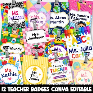 May include: A collection of twelve rectangular teacher badges featuring colorful school-themed graphics, including crayons, apples, globes, and backpacks. Each badge displays a name or text such as Ms. Patinson, Ms. Jamieson, and Happy Teacher Appreciation Day.