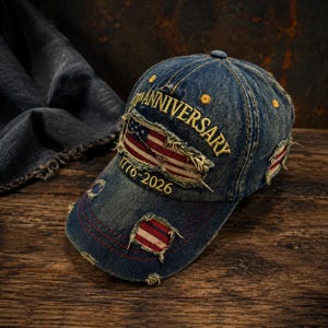 May include: A distressed blue denim baseball cap featuring yellow embroidered text that reads 250TH ANNIVERSARY and 1770-2026. The cap includes frayed edges and patches of a red, white, and blue American flag design on the front and side panels.