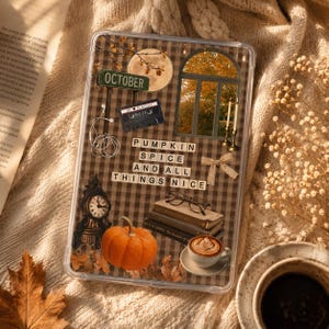 May include: A clear tablet case featuring a brown and white gingham background with a collage of autumn-themed imagery including a pumpkin, a stack of books with glasses, a coffee cup, a clock, a cassette tape, and the text PUMPKIN SPICE AND ALL THINGS NICE.