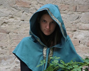 Teal Hooded Cape: Celtic Trim, Renaissance Costume