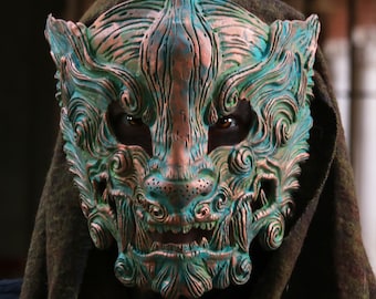 MADE TO ORDER - Copper green Oni mask japanese demon ogre cosplay larp renaissance samurai cyberpunk tyger claws yokai hannya oxidized