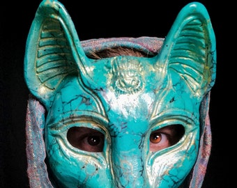 READY TO SHIP - Turquoise Bastet bast resin Lapis lazuli gold mask egypt egyptian goddess cat Sekhmet costume pagan masquerade ball ritual