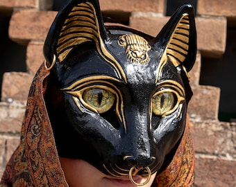 MADE TO ORDER - bastet bast resin mask egypt egyptian goddess Gayer-Anderson cat  black gold Sekhmet costume pagan masquerade ball ritual