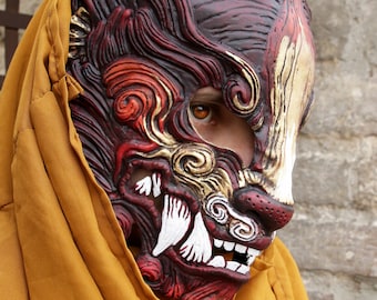 MADE TO ORDER - burgundy Oni mask japanese demon ogre tiger cosplay larp renaissance samurai cyberpunk tyger claws yokai hannya fantasy