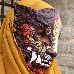 MADE TO ORDER Burgundy Gold Oni Mask - Cyberpunk Japanese Demon Cosplay