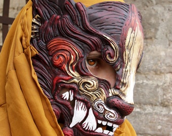 MADE TO ORDER Burgundy Gold Oni Mask - Cyberpunk Japanese Demon Cosplay