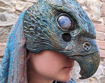 READY TO SHIP - hawk Mask Fantasy Larp Pagan costume wicca renaissance faire oxidate resin animal bird beak turquoise Peregrine falcon horus