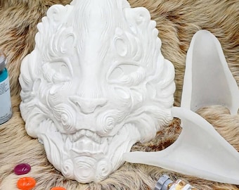 Máscara de Kitsune de resina DIY con orejas desmontables: Cosplay LARP