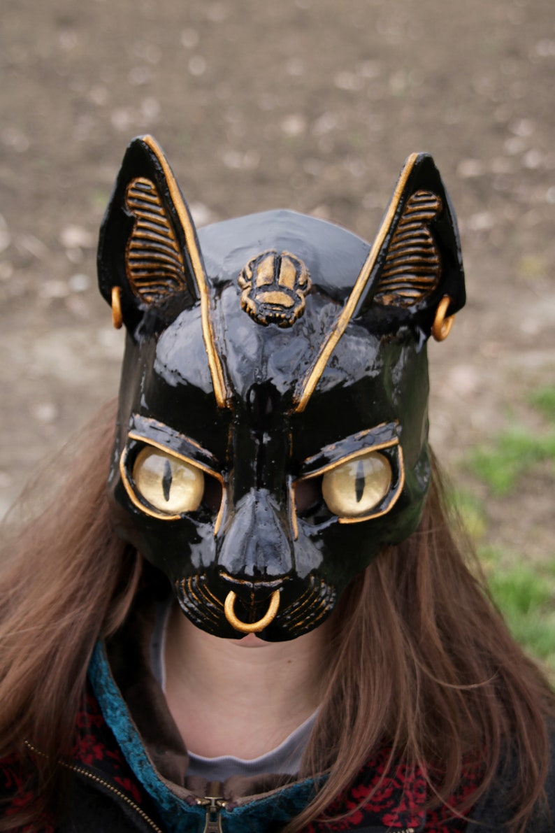 bastet bast foam mask egypt egyptian goddess Gayer-Anderson cat foam black gold Sekhmet costume pagan masquerade ball ritual MADE TO ORDER