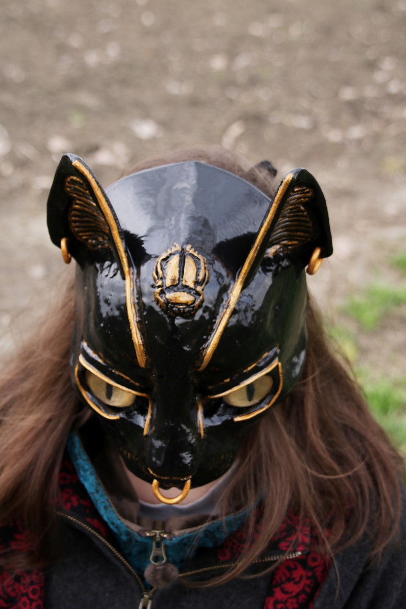bastet bast foam mask egypt egyptian goddess Gayer-Anderson cat foam black gold Sekhmet costume pagan masquerade ball ritual MADE TO ORDER