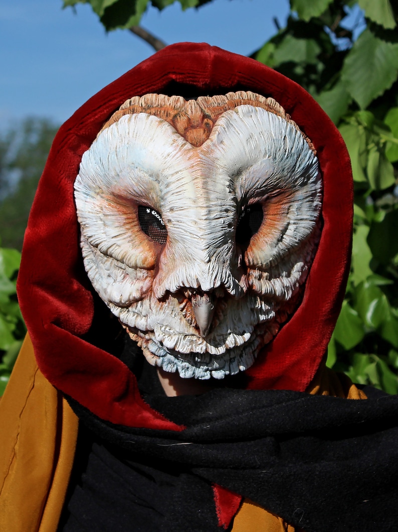 Unique Handcrafted Pink Owl Mask with big eyes. Comfortable for LARP, masquerade, and cosplay costumes.