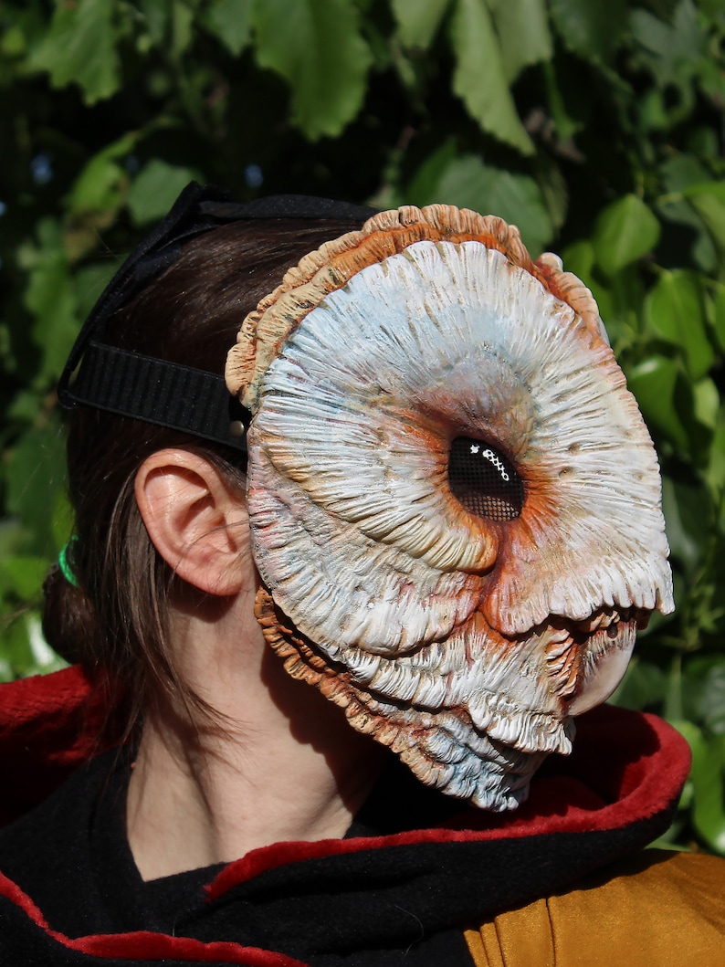 Wiccan inspired Pink Barn Owl Mask. Hand-painted resin, adjustable fit for cosplay and LARP events.