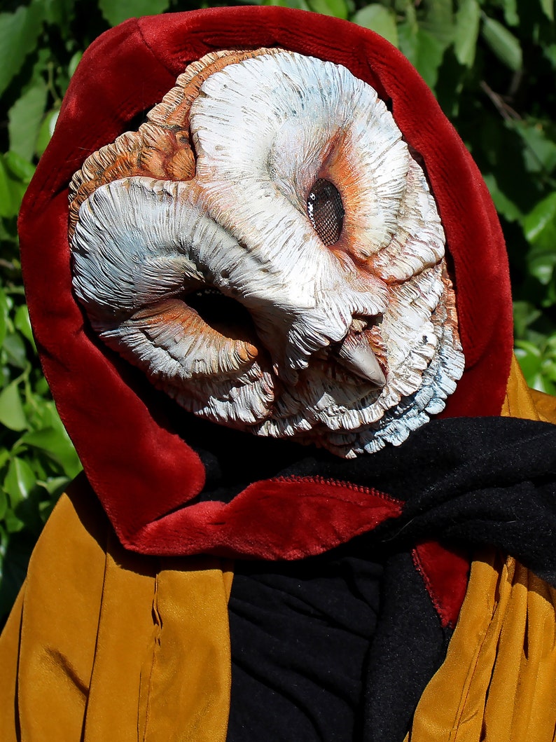 Handcrafted Pink Barn Owl Mask. Perfect for Wiccan costumes, LARP, and cosplay. Unique big eyes design.