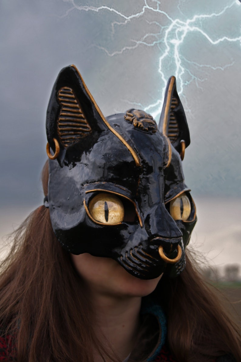 bastet bast foam mask egypt egyptian goddess Gayer-Anderson cat foam black gold Sekhmet costume pagan masquerade ball ritual MADE TO ORDER