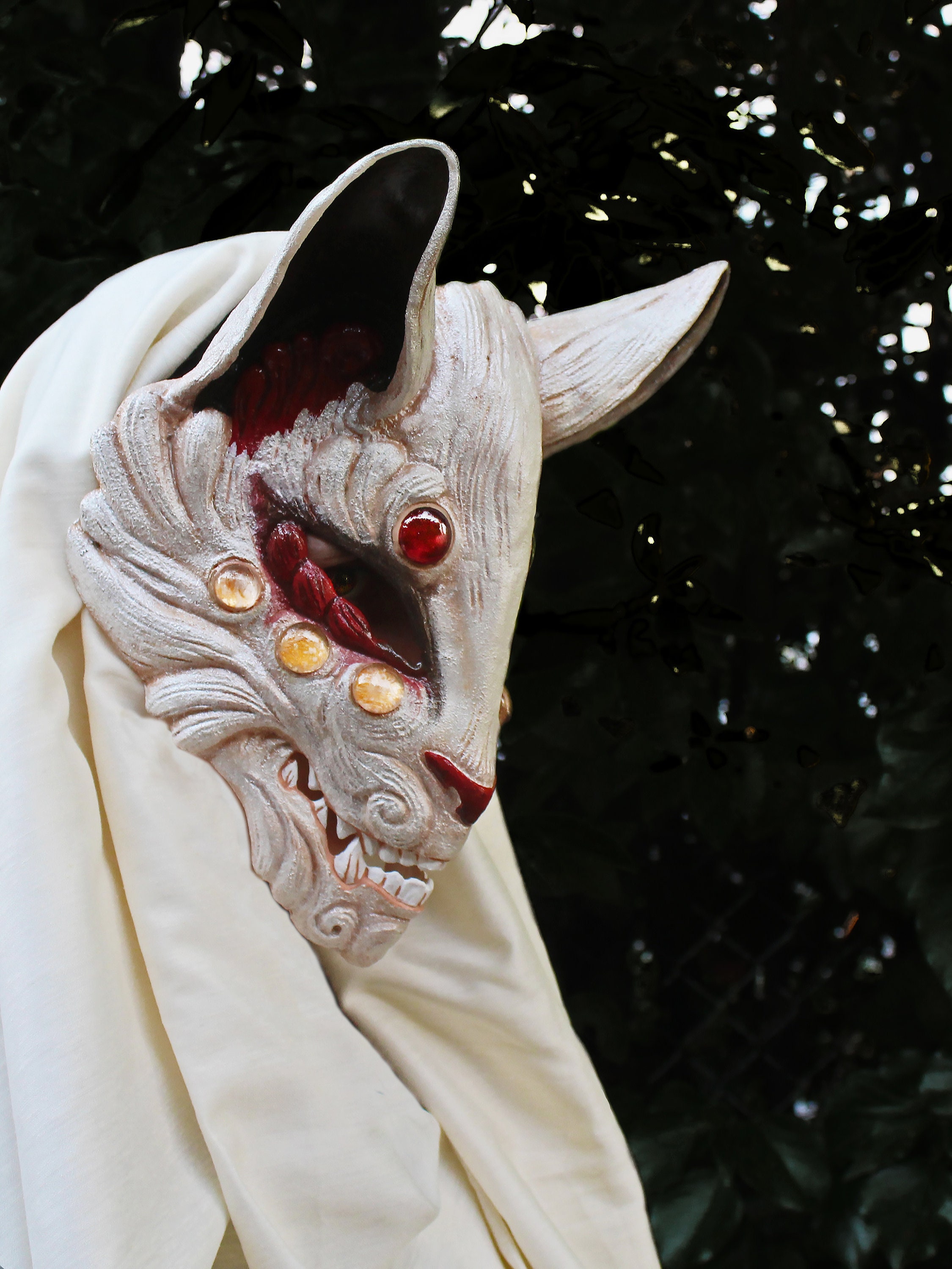 Kitsune Mask, White Fox Mask, Japanese Vintage Fox Mask, Lucky Charm, A Symbol of Magical Powers, Gods' Messengers Hight 5.5 Inches