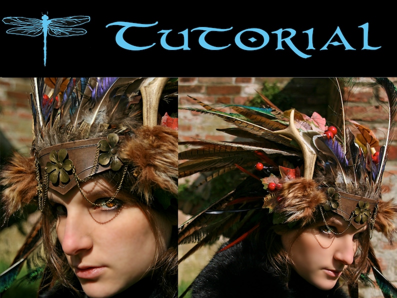 INSTANT DOWNLOAD PDF autumn headdress tutorial Pattern Larp cosplay wiccan headgear feathers how to pagan horns witch magic fantasy shaman image 1