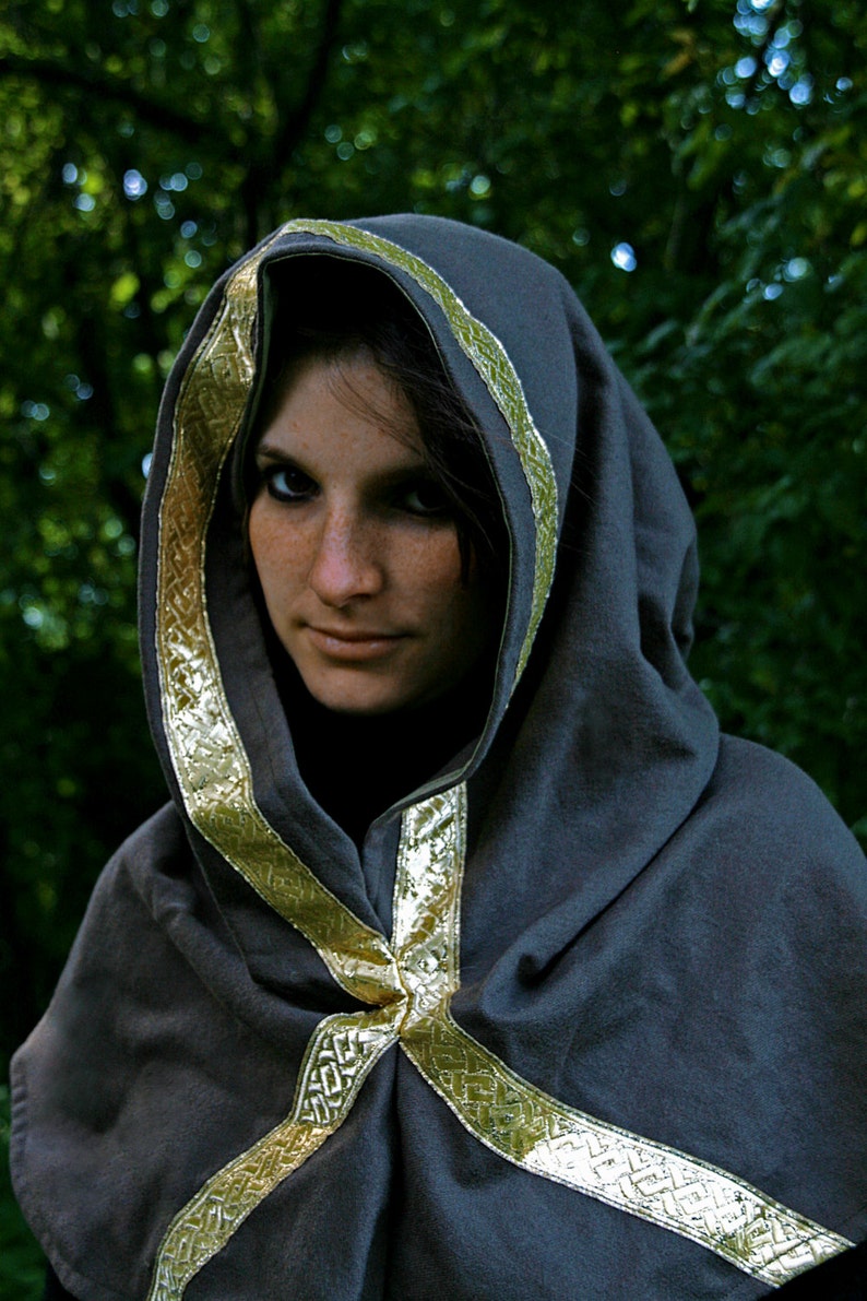 READY TO SHIP mantle cloak unisex gray gold Fantasy Renassaince Pagan Winter wiccan medieval hood cape image 4