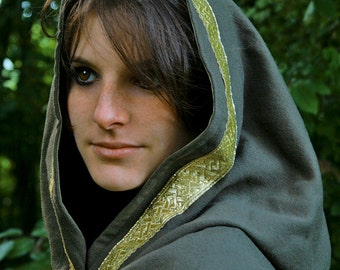 READY TO SHIP - mantle cloak unisex  gray gold Fantasy Renassaince Pagan Winter wiccan medieval hood cape