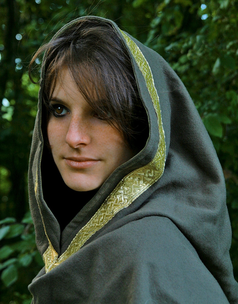 READY TO SHIP mantle cloak unisex gray gold Fantasy Renassaince Pagan Winter wiccan medieval hood cape image 1