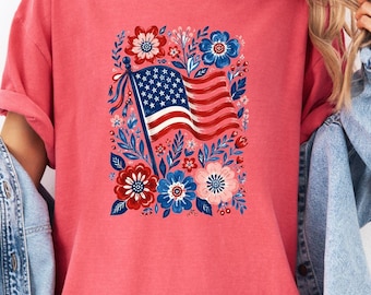 Floral American Flag T-Shirt, Red White Blue Patriotic Tee, Americana Flower Shirt