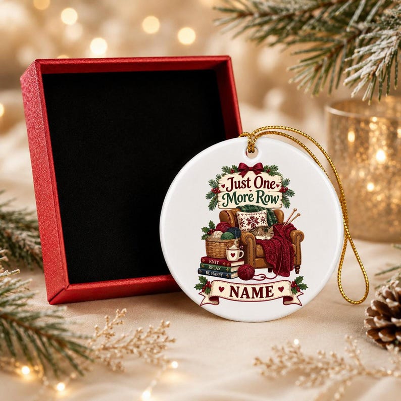 Personalized Knitting Ornament, Custom Knitter Keepsake, Cozy Cat Christmas Ornament
