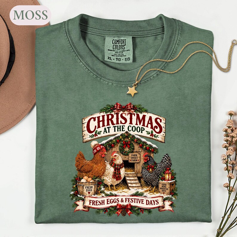 Christmas Chicken Shirt, Farmhouse Holiday Tee, Chicken Lover Gift, Festive Coop Graphic