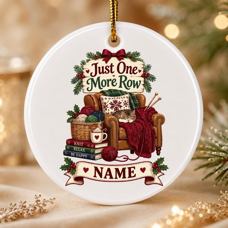 Personalized Knitting Ornament, Custom Knitter Keepsake, Cozy Cat Christmas Ornament